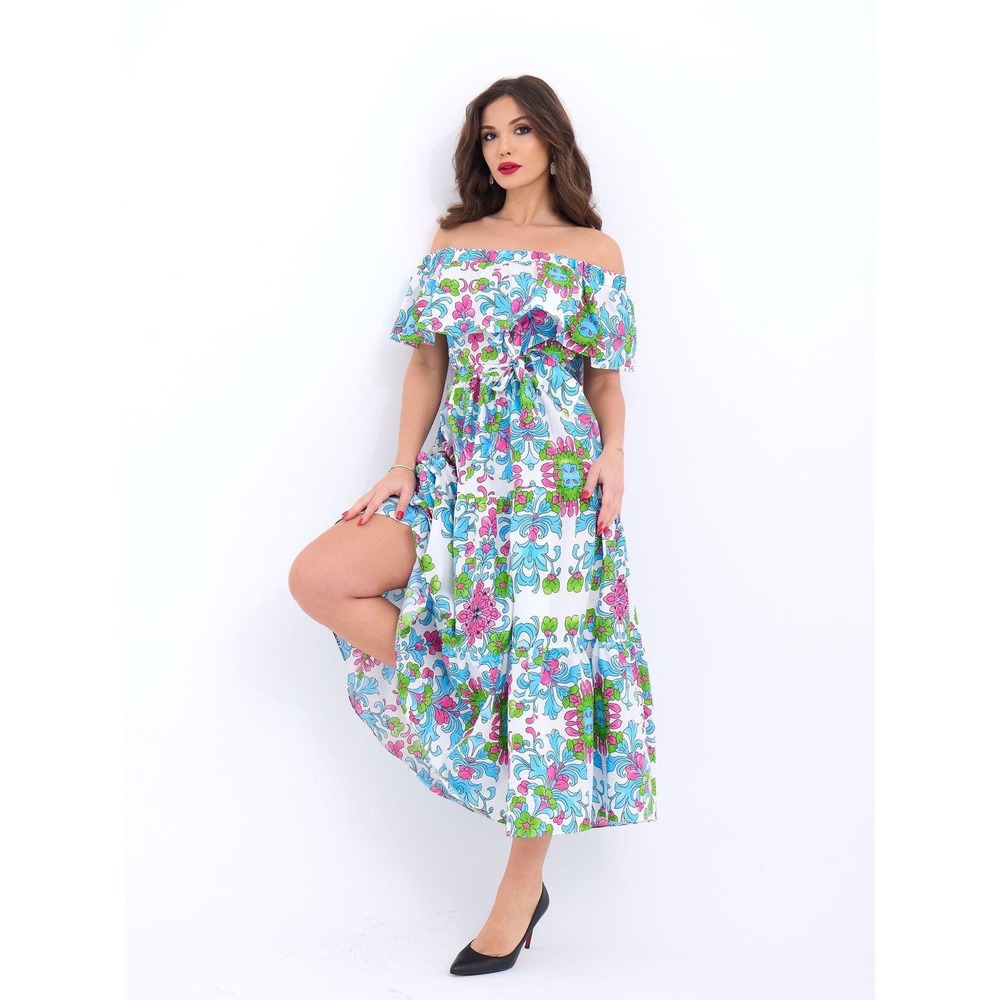 Fame Women Off The Shoulder Floral Paisley Tiered Maxi Dress Blue Pink Green S